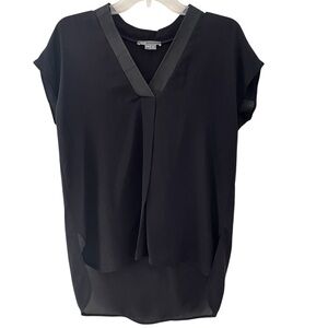 Vince Sleeveless Black Silk V Neck Top Lamb Leather Trim XXS